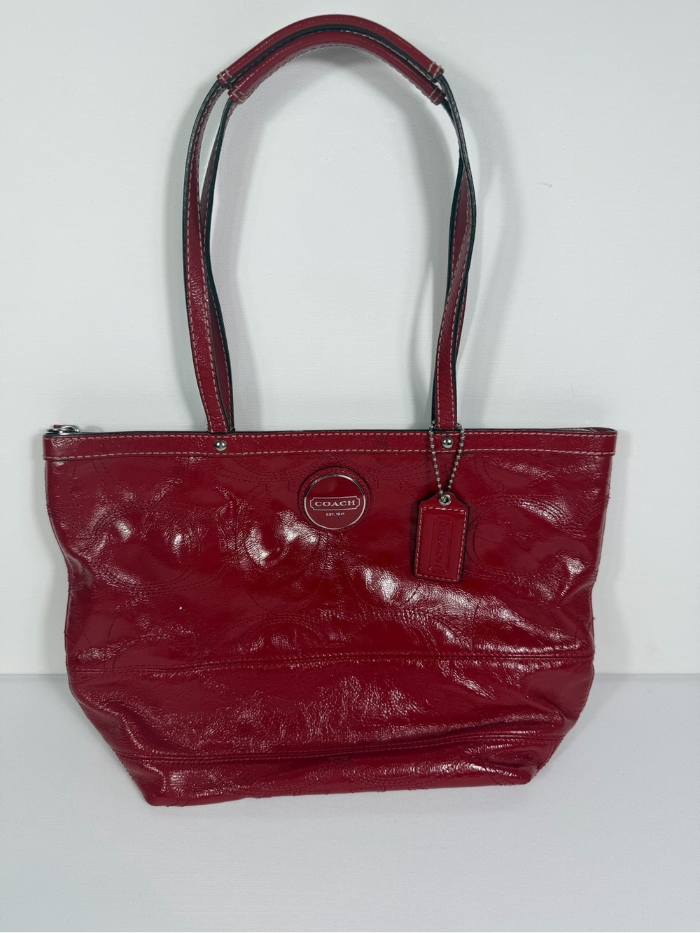 Coach F15142 Red Patent Leather Signature Embossed Tote Bag Crimson